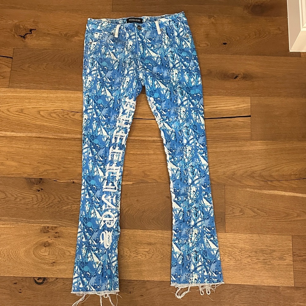 Men’s Blue and White Embroidered Jeans